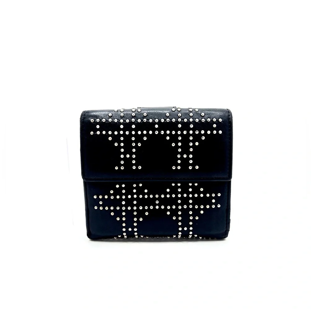 Authentic Vintage Christian DIOR Black Leather Studded Compact Wallet